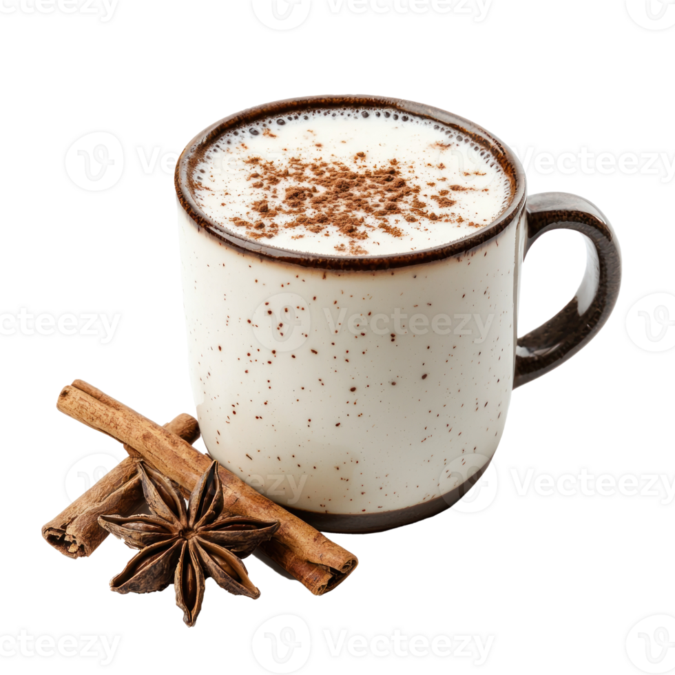 Mug of hot milk with cocoa and cinnamon for Christmas front view isolate on transparent background png
