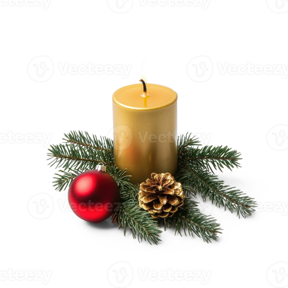 Gold christmas candle with green fir branch and red shiny bauble isolate on transparent background png