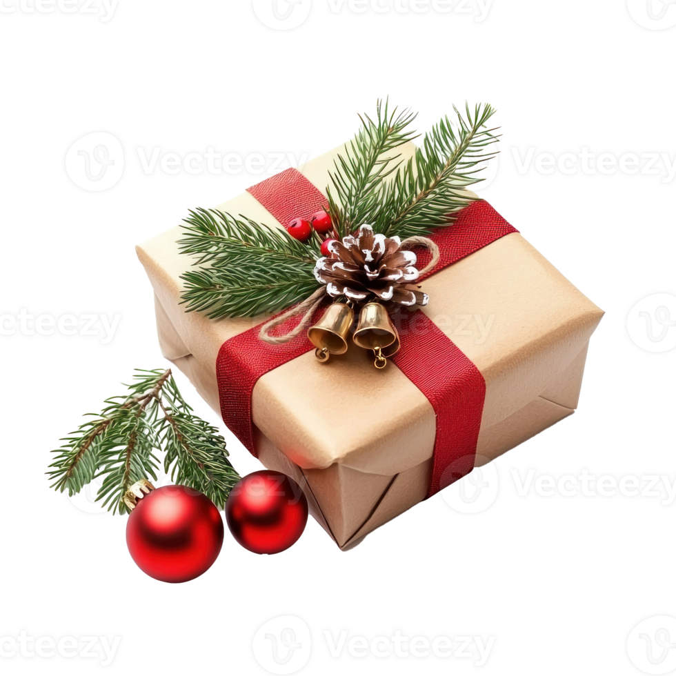 Christmas gift box with barble and jingle bell with fir branch isolate on transparent background png