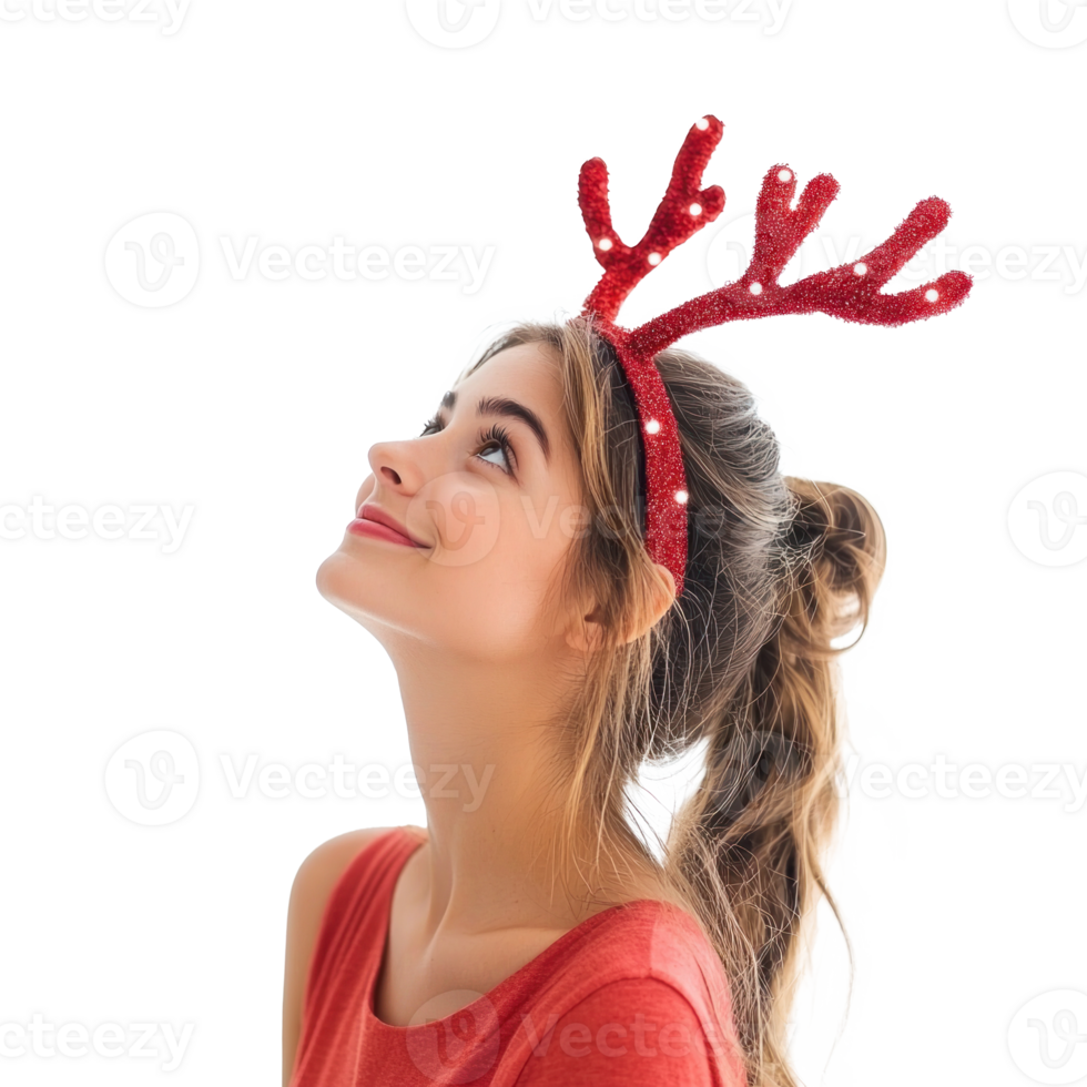 Pretty young woman smiline wear red reindeer antlers headband looking up side view isolate on transparent background png