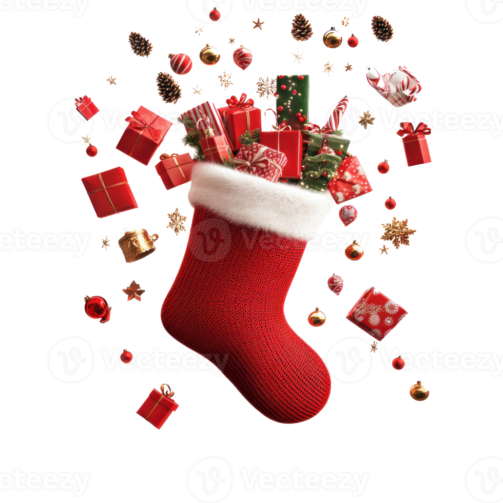 Gifts and decoration items falling into Red Christmas stocking floating isolate on transparent background png