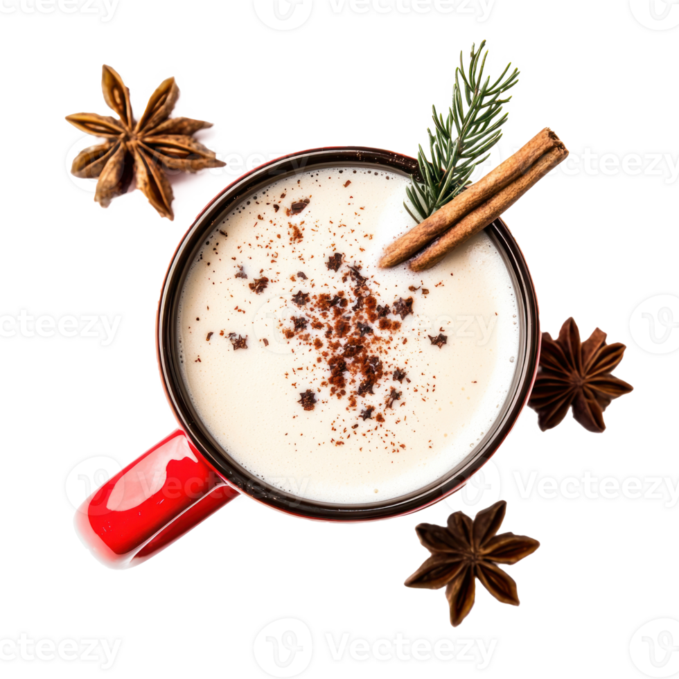 Red mug of eggnog cocktail with christmas decoration top view isolate on transparent background png