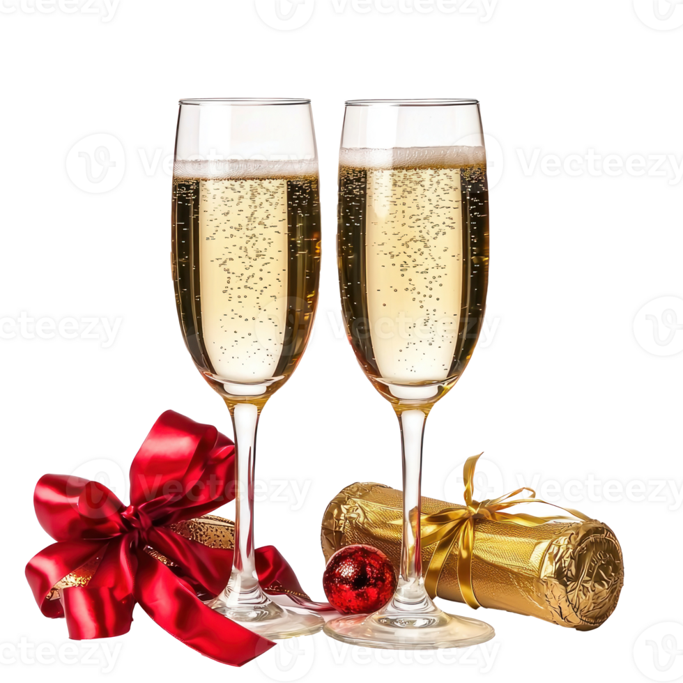 Two glasses of Champagne with a cork and red barbles and golden ribbon and bow isolate on transparent background png