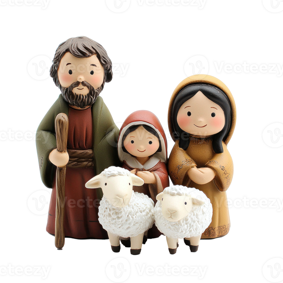 Christmas figurines of Jesus, Mary, Joseph and sheep front view isolate on transparent background png