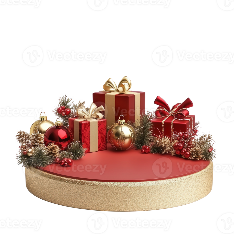 Christmas podium with gold and red decorations and presents isolate on transparent background png