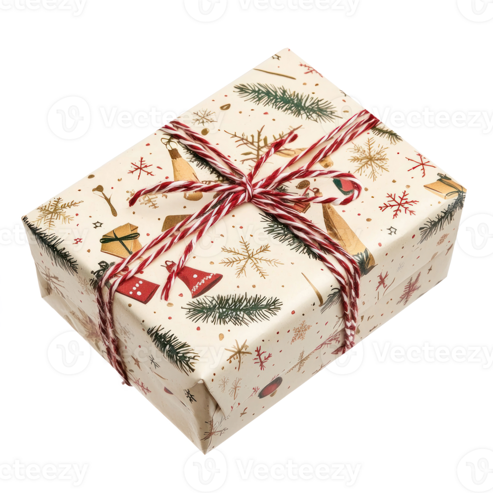 Homemade Christmas gift box wrap isolate on transparent background png