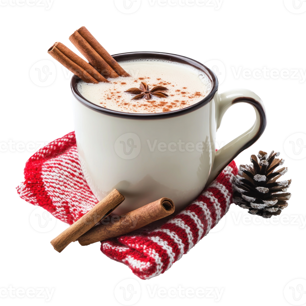 Mug of hot milk with cocoa and cinnamon for Christmas front view isolate on transparent background png