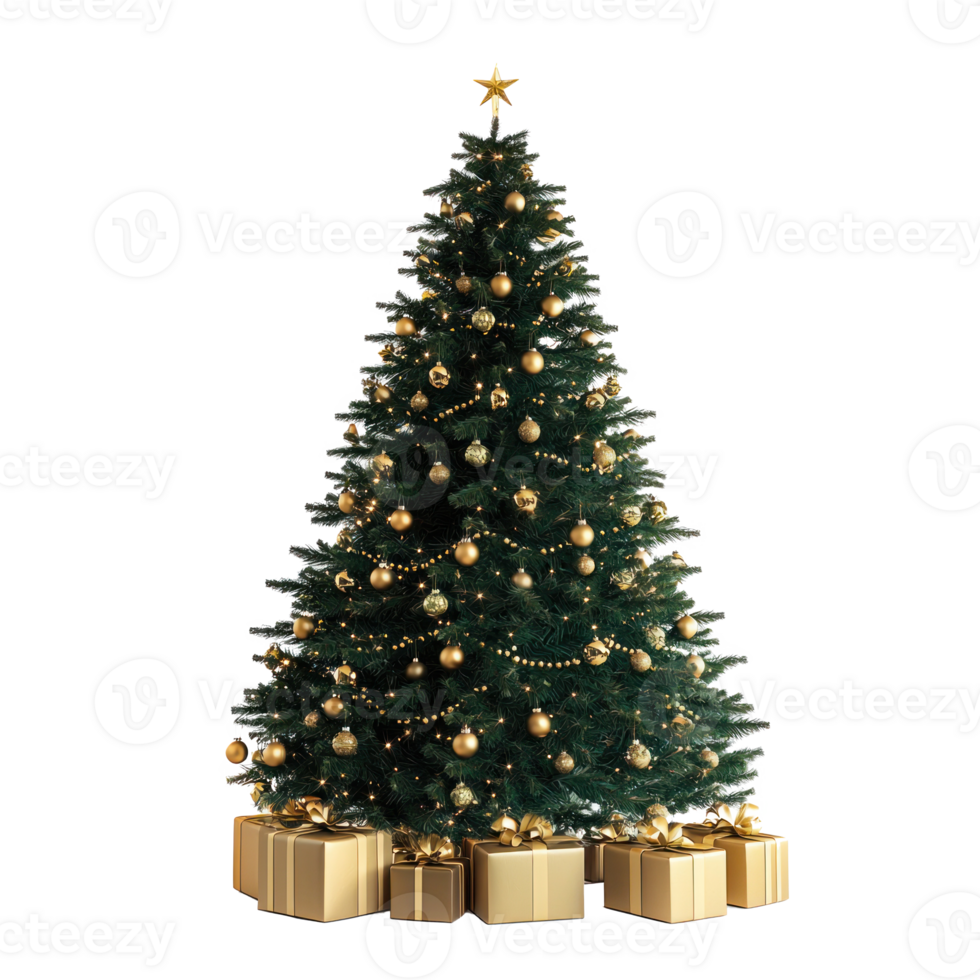 Green Christmas tree with gold decoration and presents isolate on transparent background png