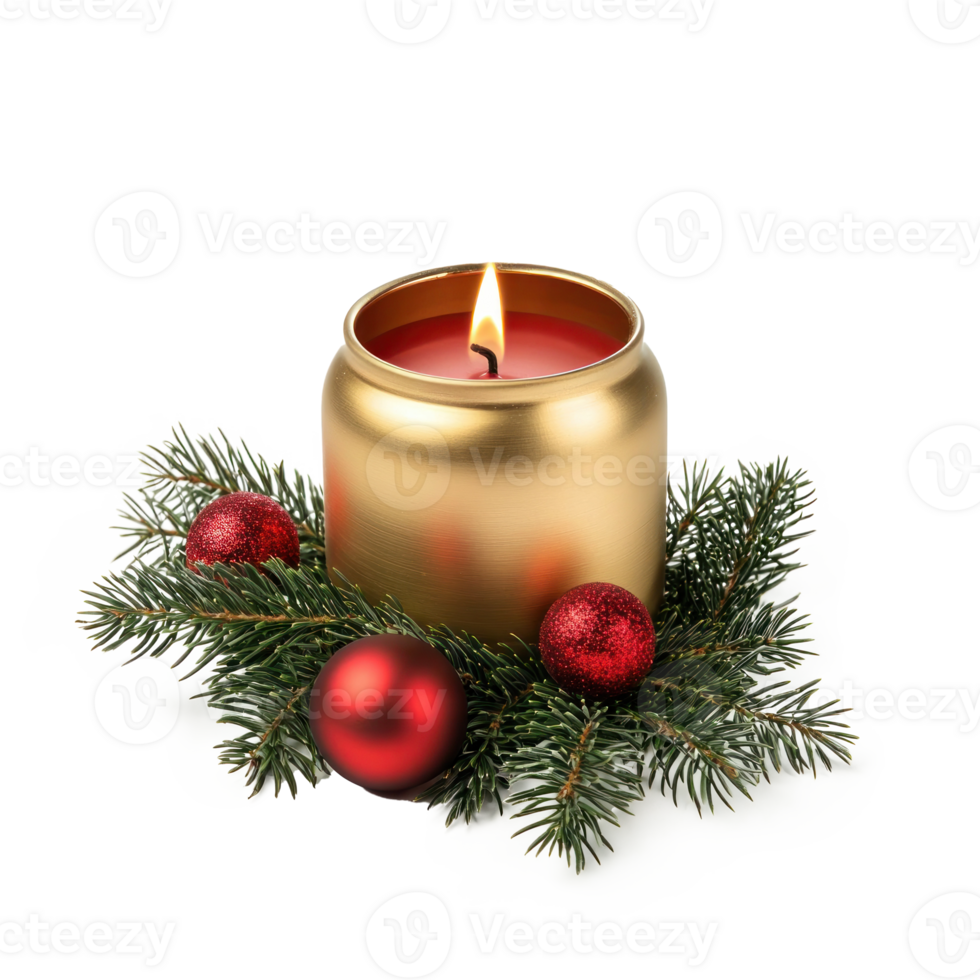 Gold christmas canle with green fir branch and red shiny bauble front view isolate on transparent background png