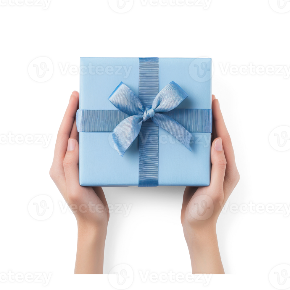 Hands hoding blue gift box top view isolate on transparent background png