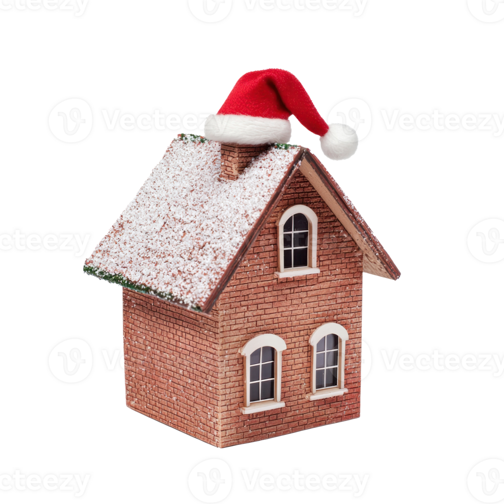 Mini model house with Santa Claus's hat on top isolate on transparent background png
