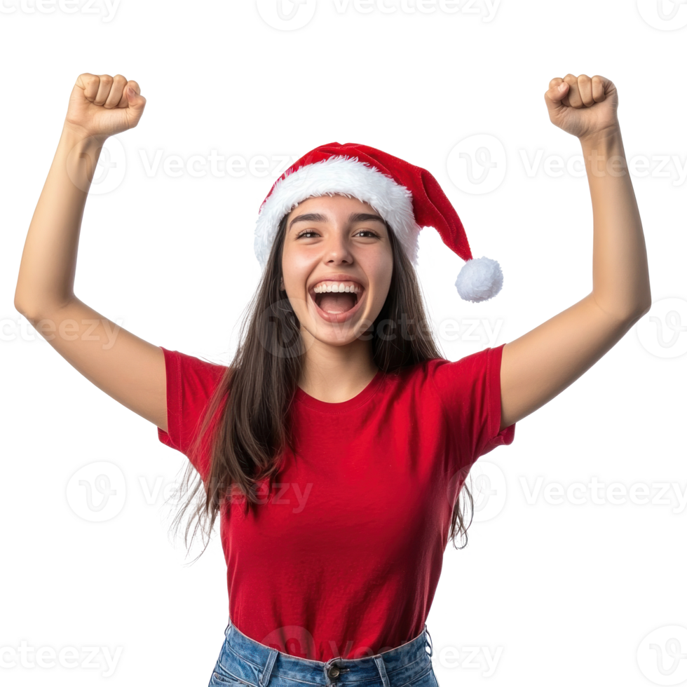 Happy young woman celebrate Christmas front view isolate on transparent background png