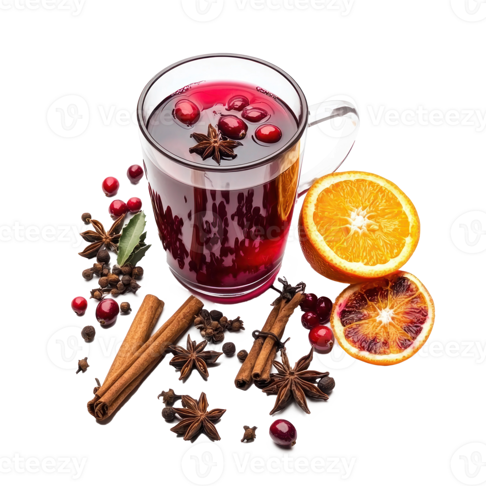 glass of mulled wine with cut orange, cranberries and different spices isolate on transparent background png