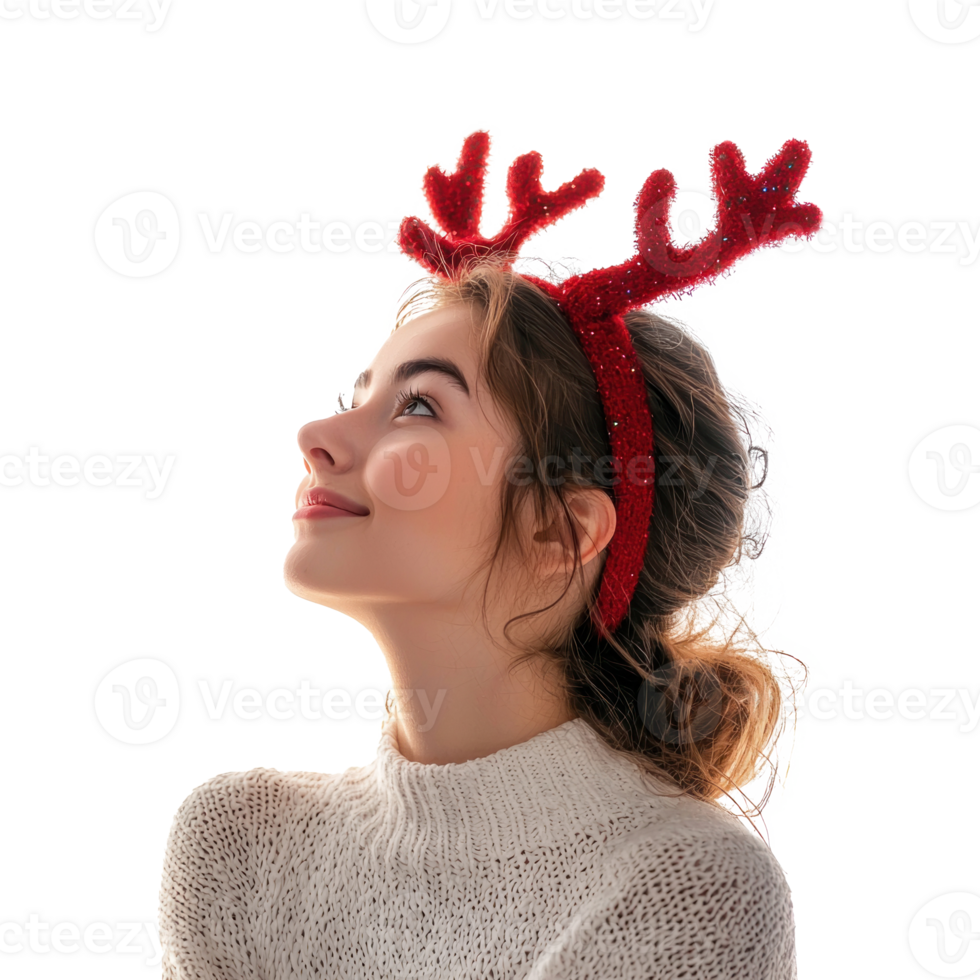 Pretty young woman smiline wear red reindeer antlers headband looking up side view isolate on transparent background png