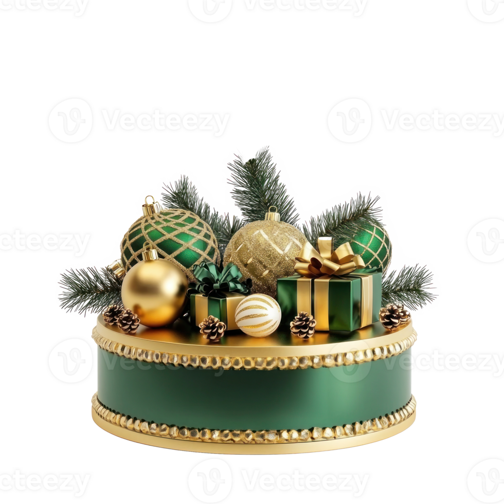 Empty Christmas podium in gold and green with decoration items isolate on transparent background png