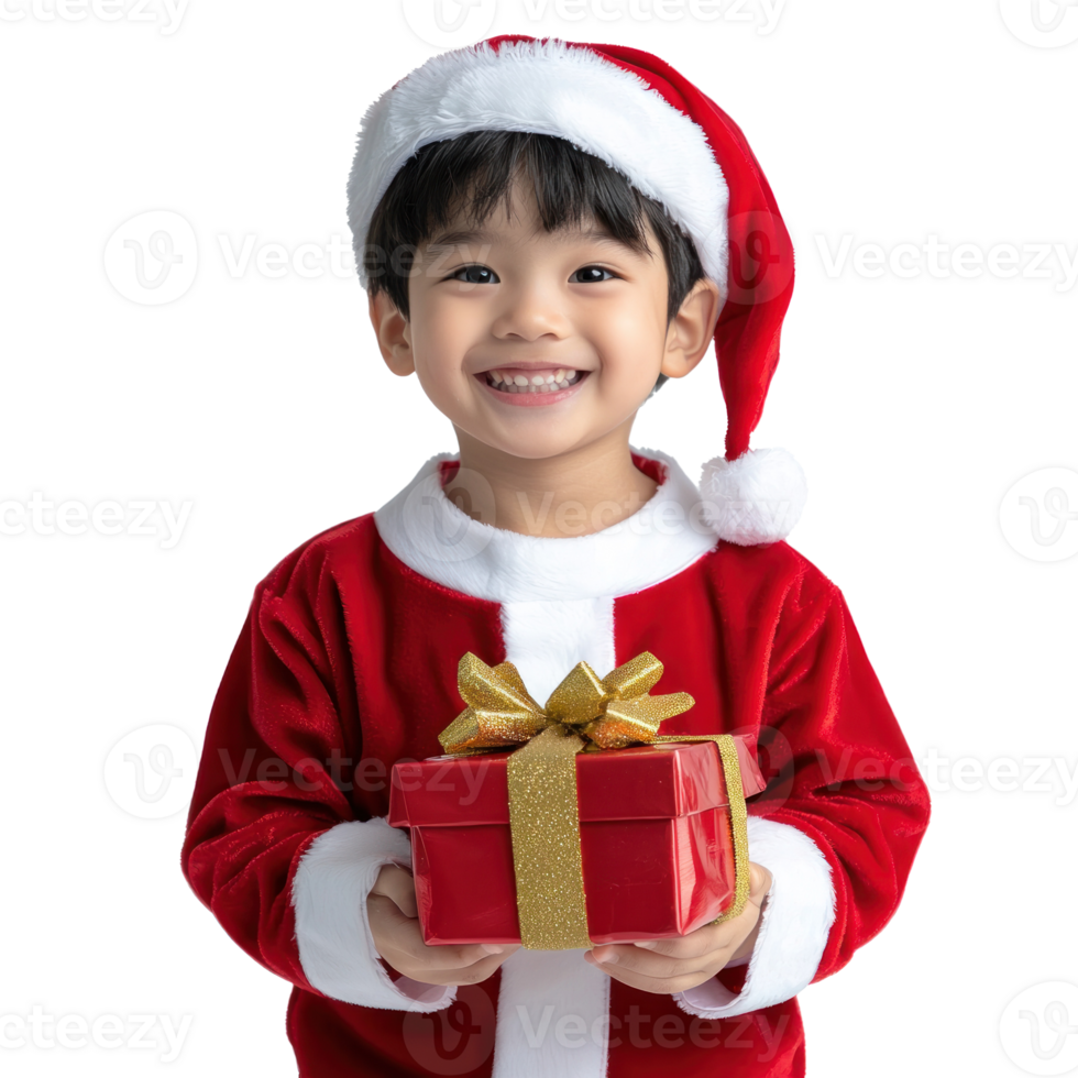 Smiling little boy wear Santa red costume holding gift box isolate on transparent background png