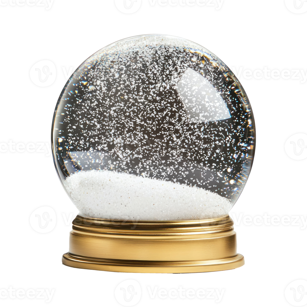 Empty snowglobe with gold base and inside with snow falling front view isolate on transparent background png