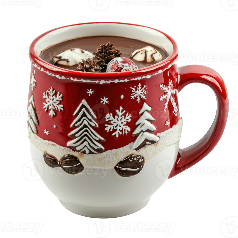 Hot chocolate in red christmas theme mug isolate on transparent background png