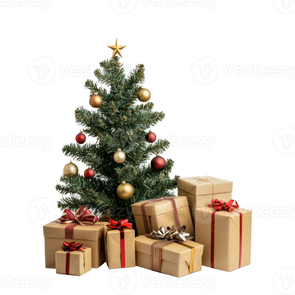 Presents with Christmas tree front view isolate on transparent background png