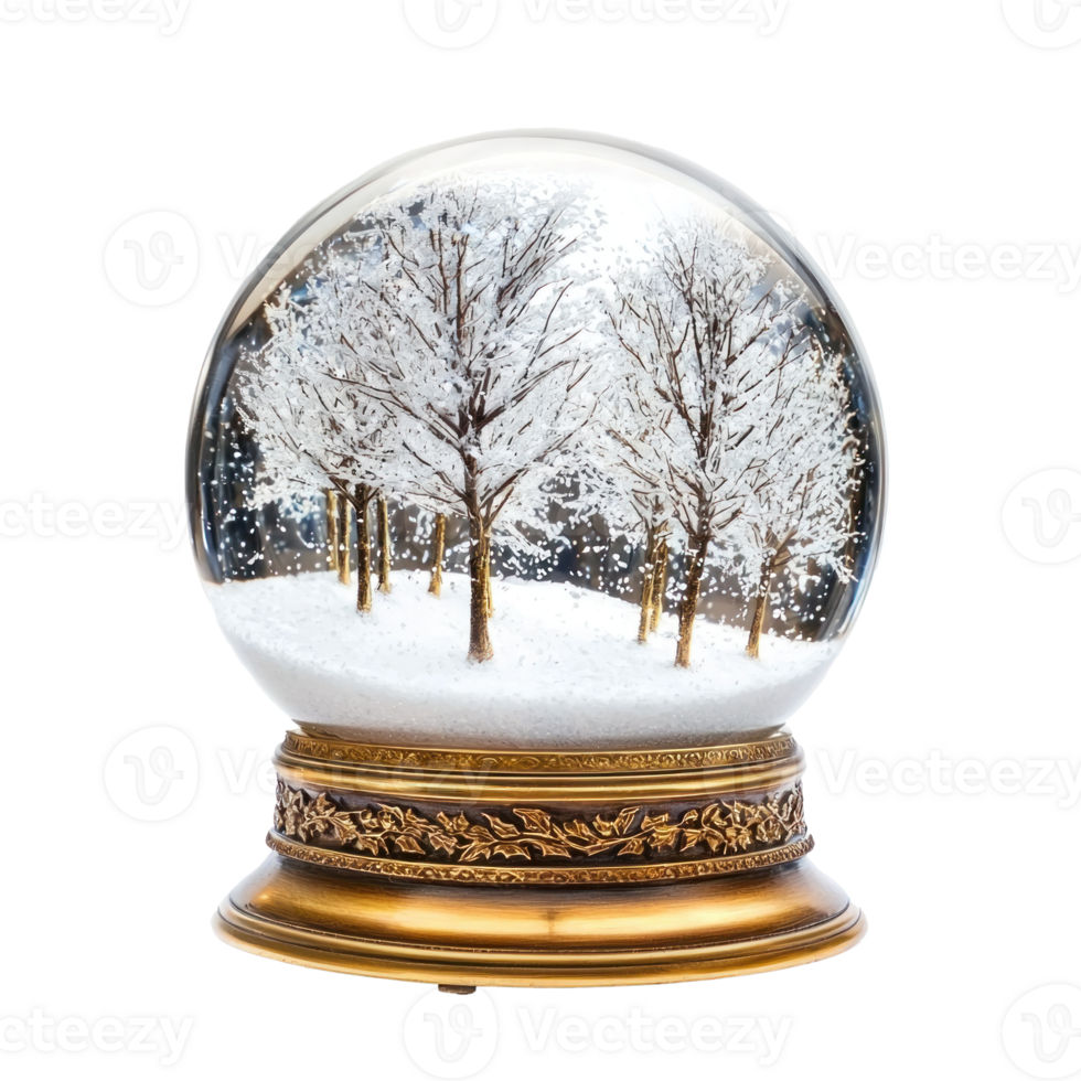 Empty snowglobe with gold base and inside with snow falling front view isolate on transparent background png