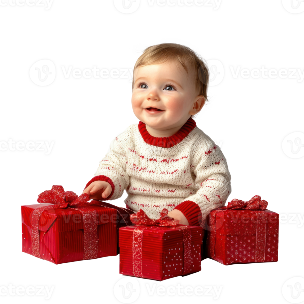 Smiling baby sitting with red presents side view isolate on transparent background png