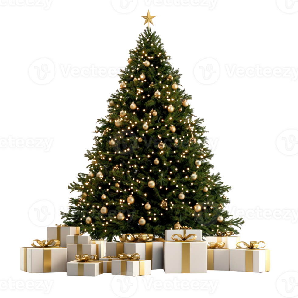 Christmas tree surrounded by presents front view isolate on transparent background png