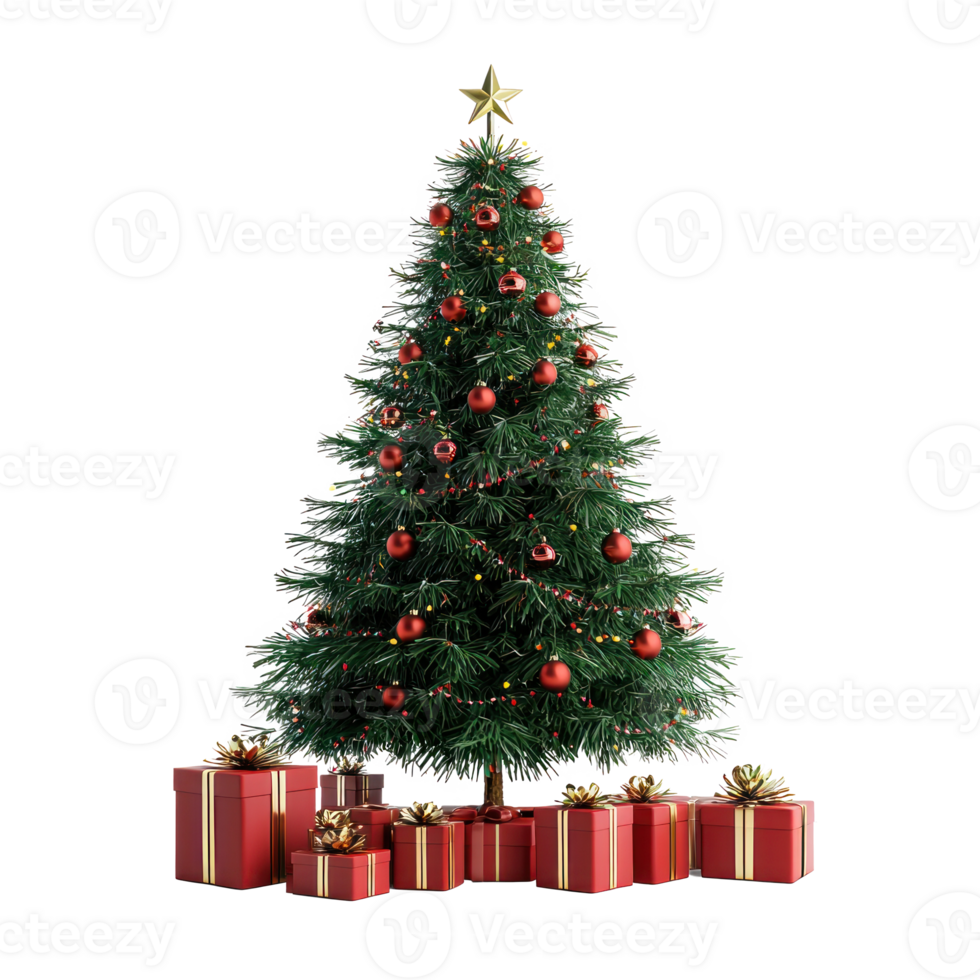 Christmas tree surrounded by presents front view isolate on transparent background png