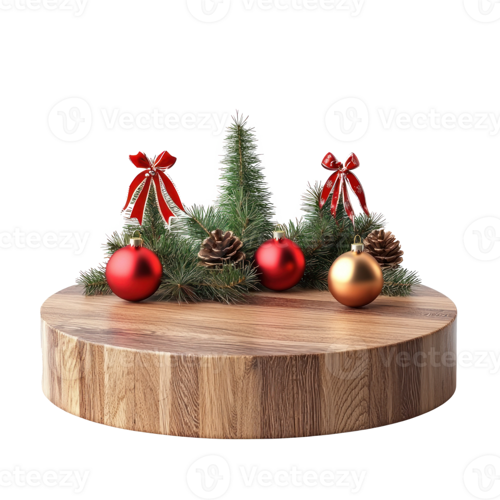 Empty Wooden podium with Christmas decorations items isolate on transparent background png