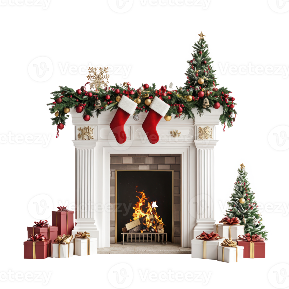 Modern Christmas Fireplace with decorations isolate on transparent background png
