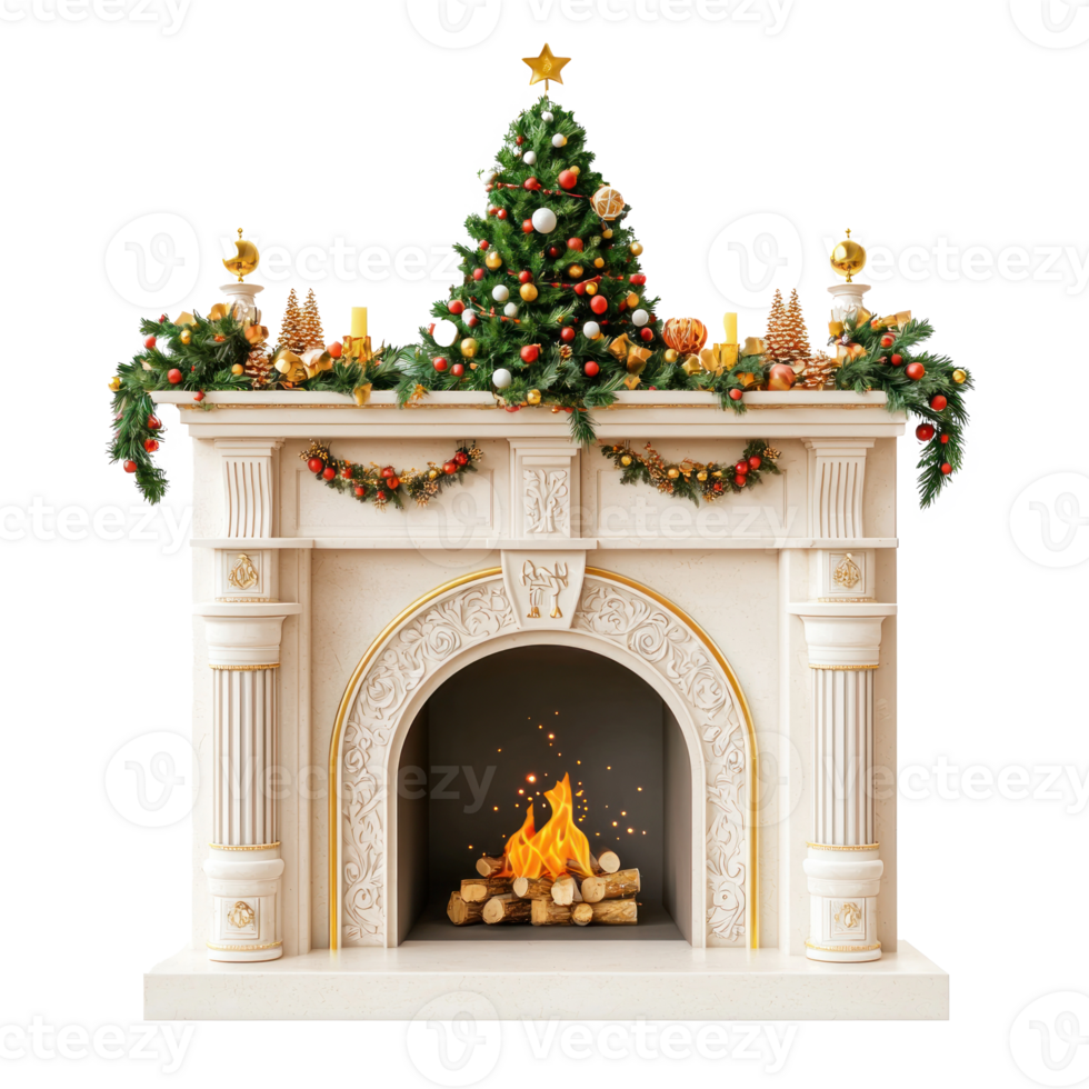 Elegant Christmas Fireplace with decorations isolate on transparent background png