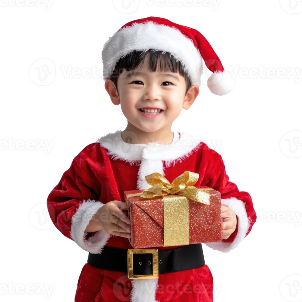 Smiling little boy wear Santa red costume holding gift box side view isolate on transparent background png
