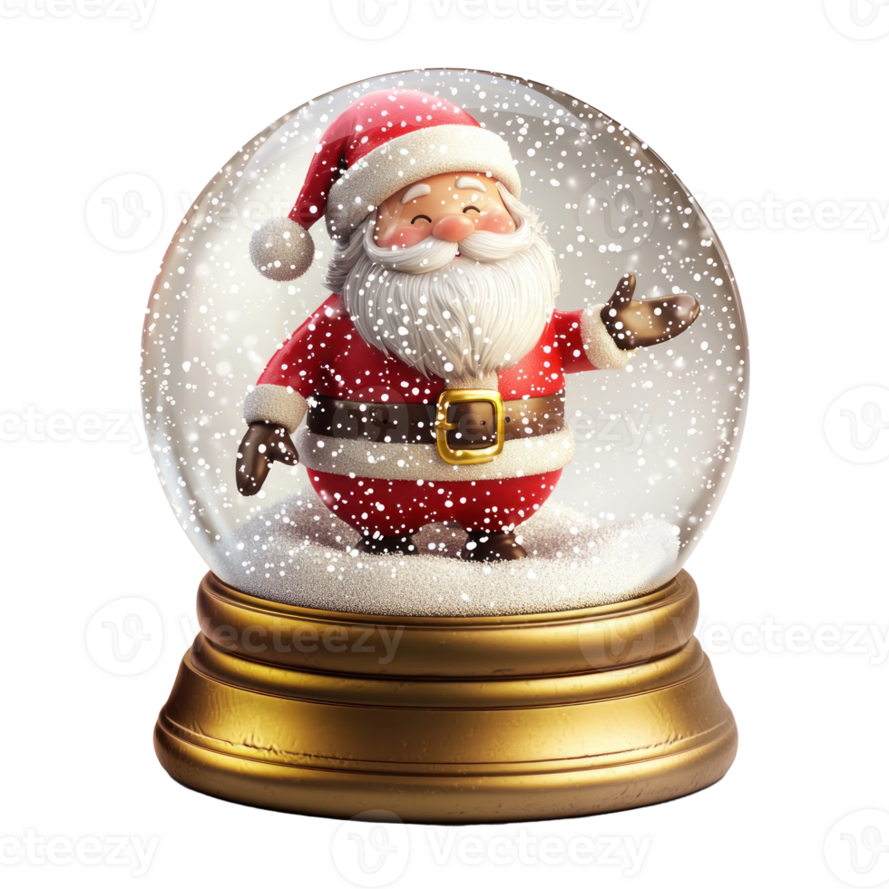 Cute santa claus figurine inside snow globe front view isolate on transparent background png