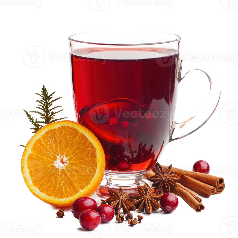 glass of mulled wine with cut orange, cranberries and different spices isolate on transparent background png