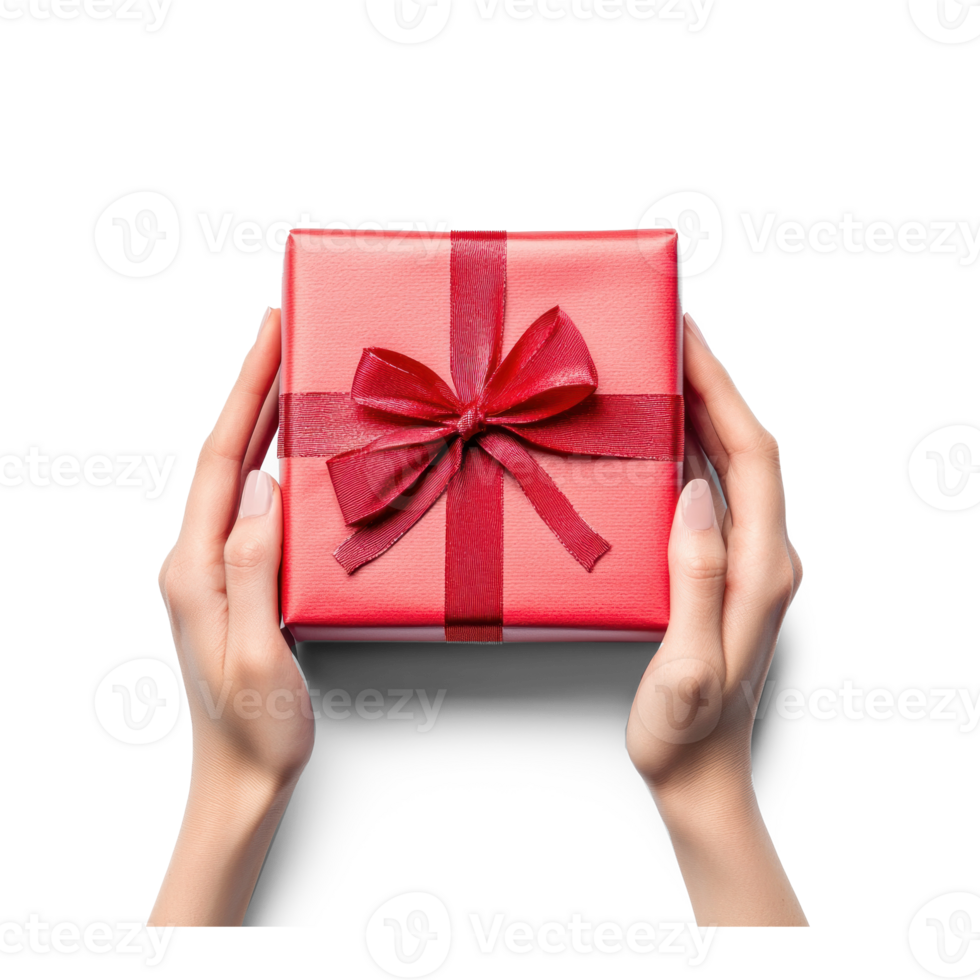 Hands holding red gift box top view isolate on transparent background png