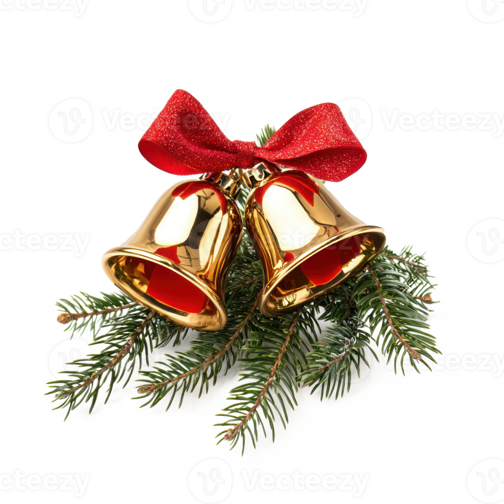 Gold Christmas Bells with red ribbon and bow and green tree branches isolate on transparent background png
