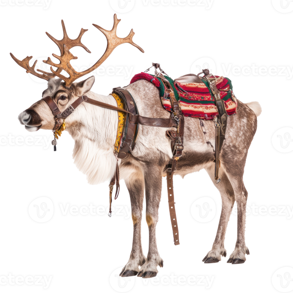 Reindeer in harness full length isolate on transparent background png