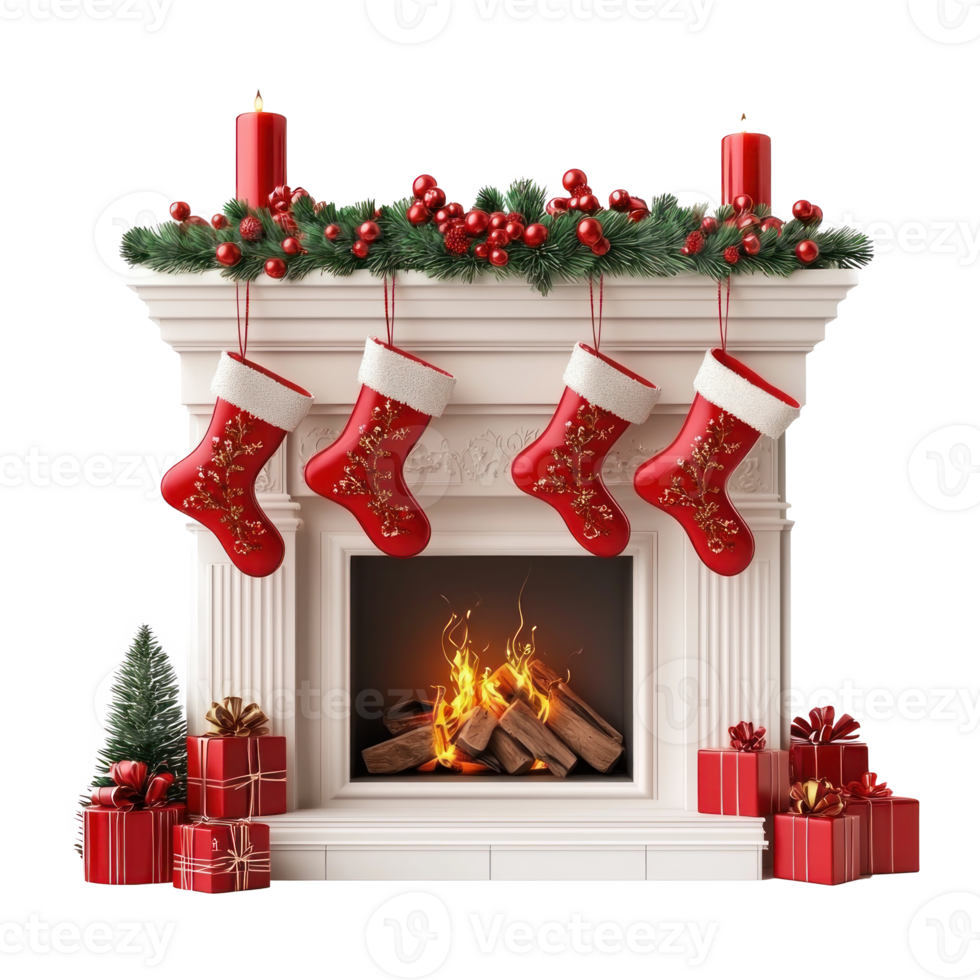 Christmas fireplace with red stockings gifts and decorations isolate on transparent background png