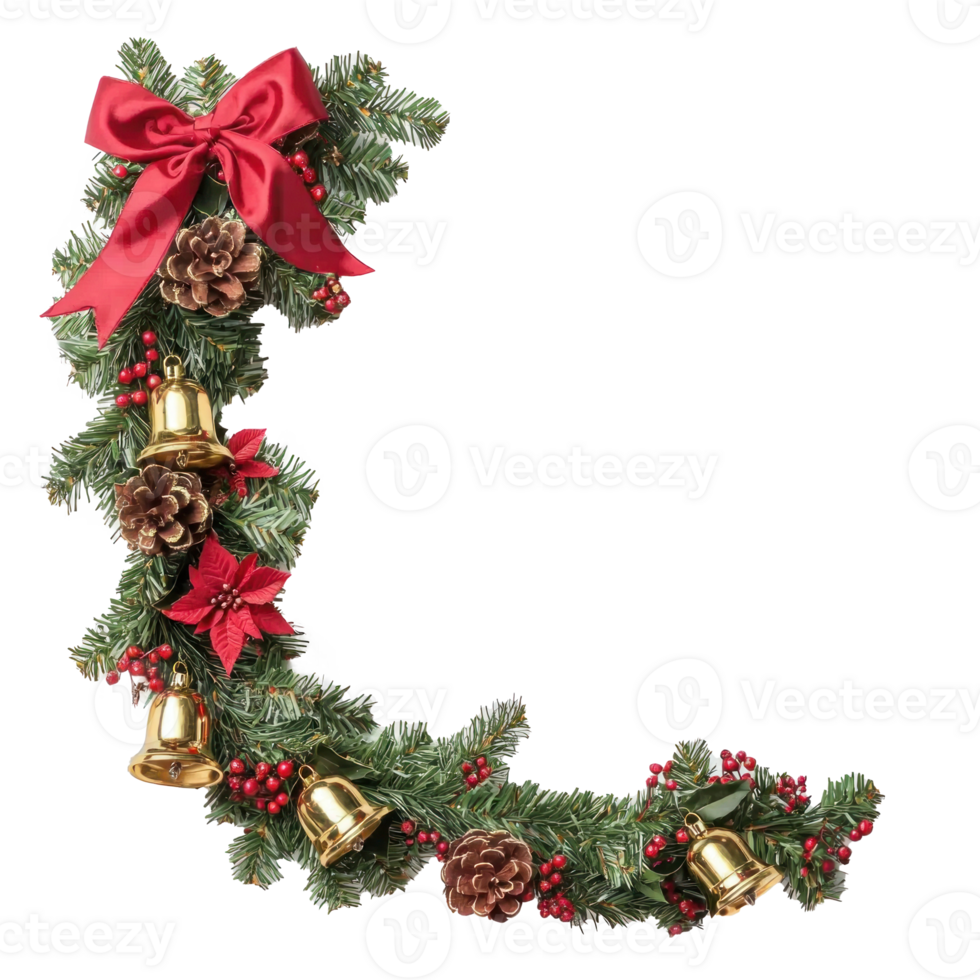 Green Christmas garland corner with gold bells in the middle with red ribbon and bow and other decoration isolate on transparent background png