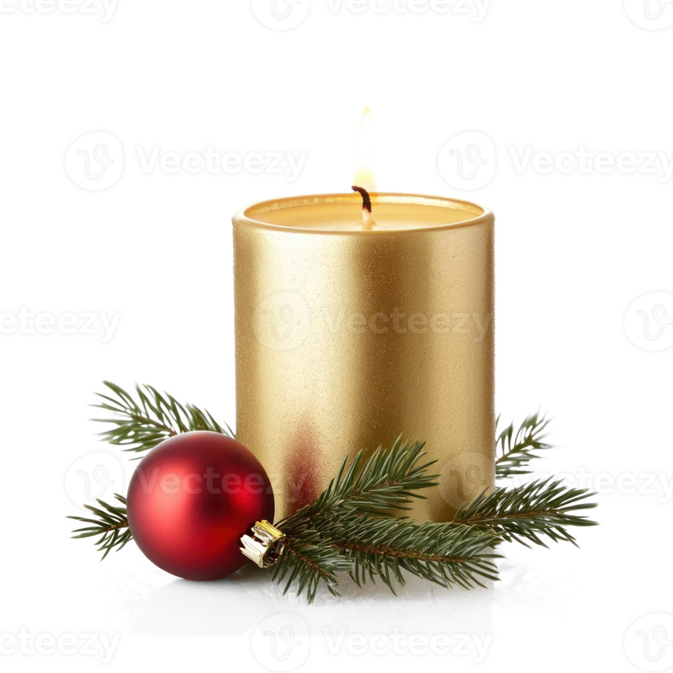Gold christmas candle with green fir branch and red shiny bauble front view isolate on transparent background png
