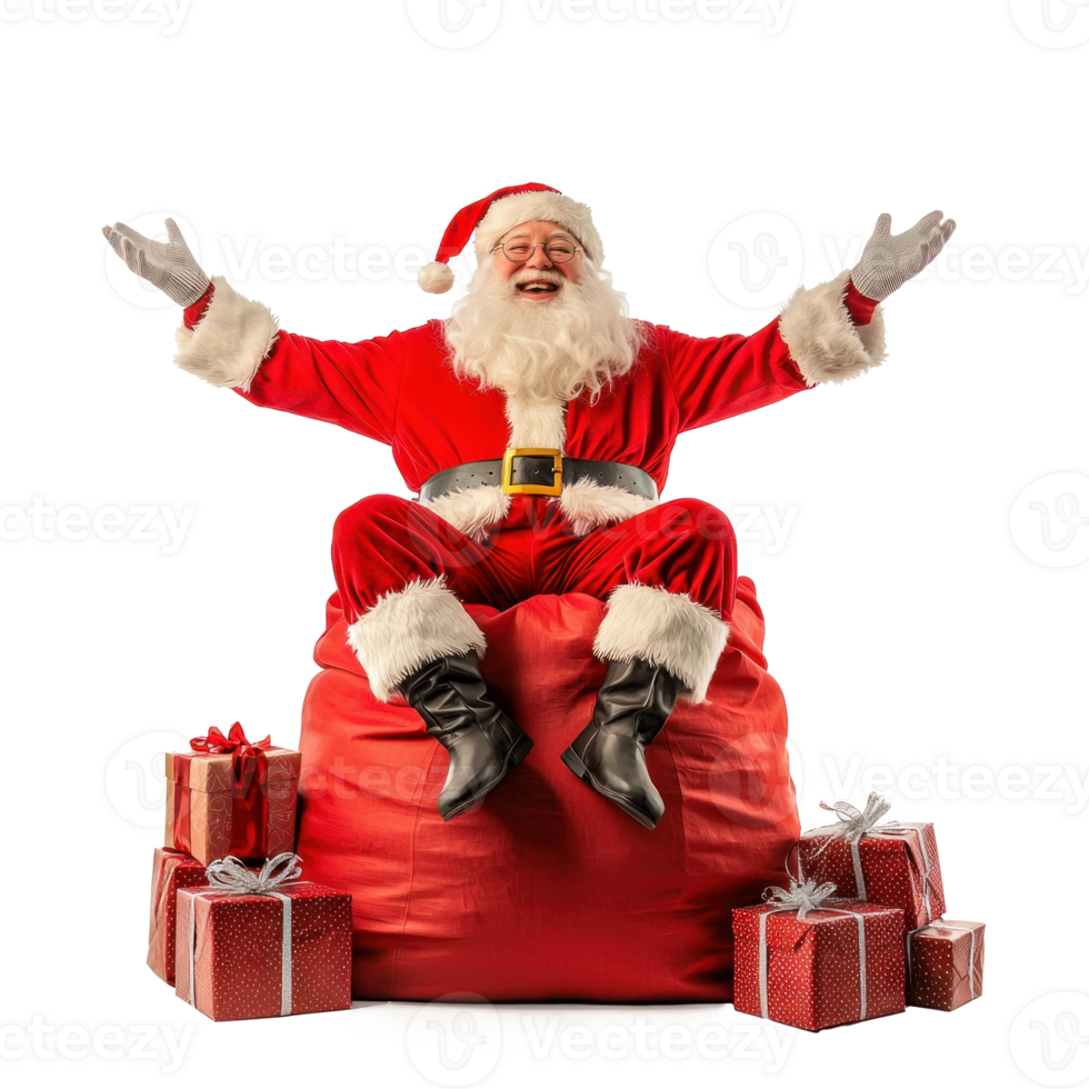 smiling Santa Claus sitting on a red flipped sack with presents and open arms front view isolate on transparent background png