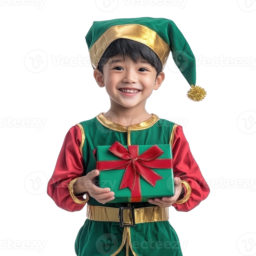 Smiling little boy wear christmas elf costume holding gift box isolate on transparent background png