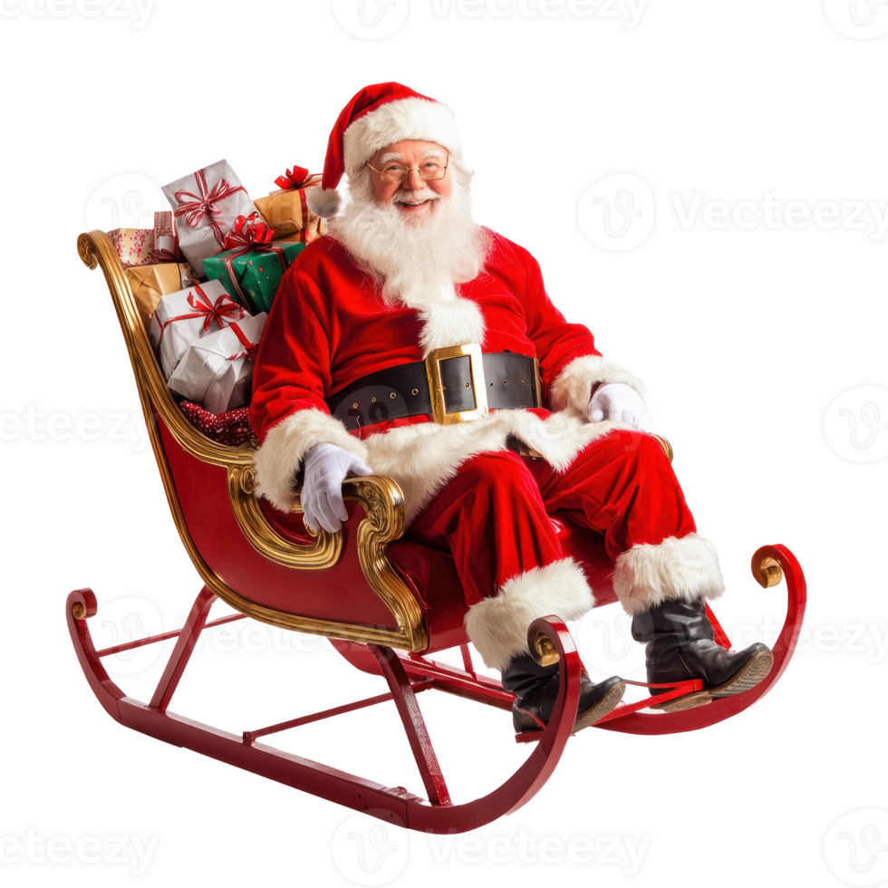 Smiling Santa Claus sitting red Sleigh with present bags full of gifts boxes front view isolate on transparent background png