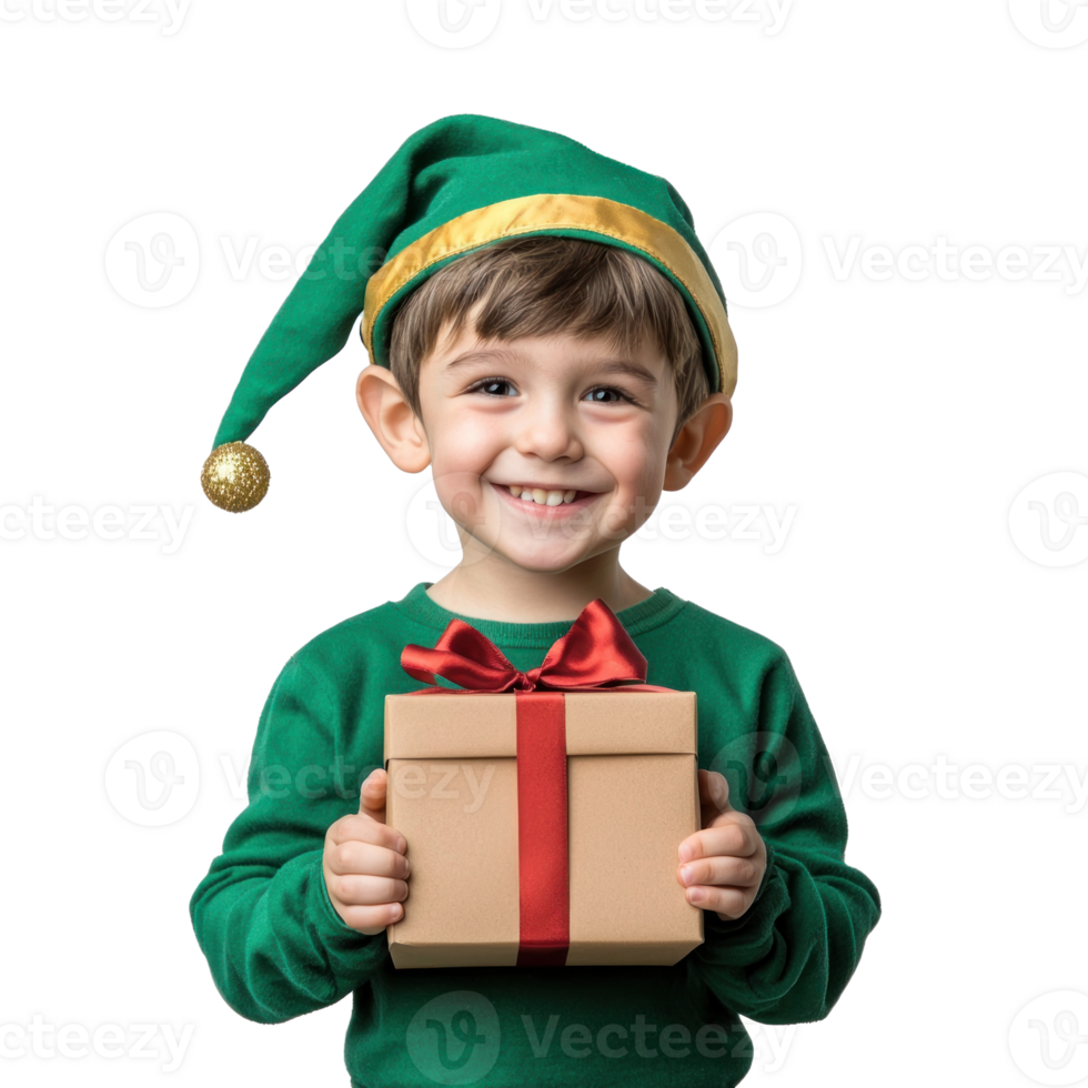Smiling little boy wear christmas elf costume holding gift box front view isolate on transparent background png