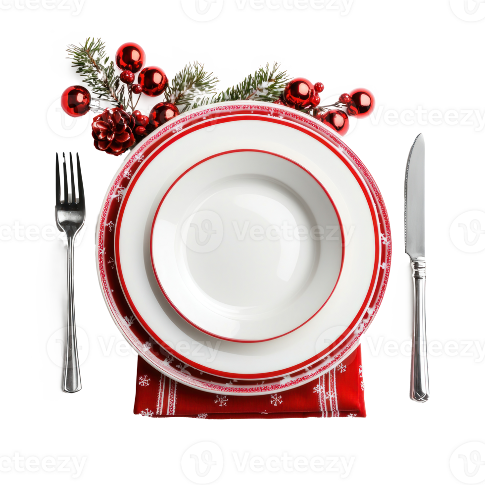 Christmas plate setting with white dishware, silverware and red decorations isolate on transparent background png