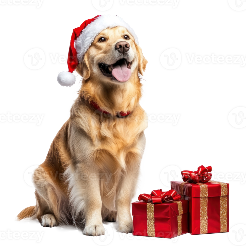 Smiling Dog wearing red santa sitting with red presents side view full length isolate on transparent background png