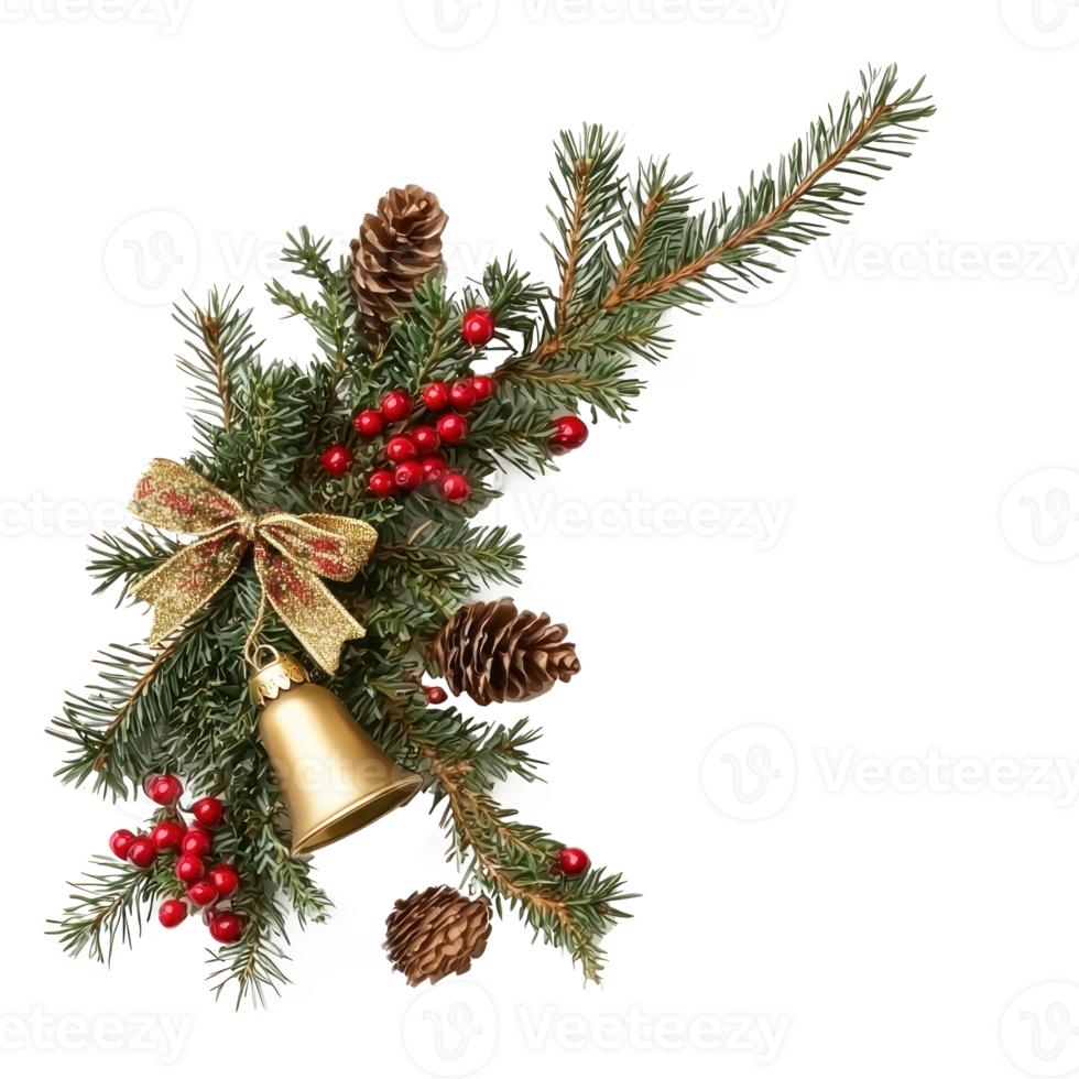 Christmas corner with gold bell and green spruce twigs, red berries, cones and ribbon bow isolate on transparent background png