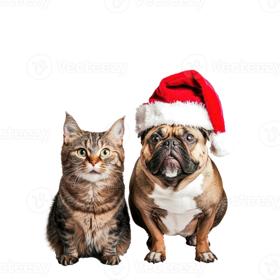 Funny dog and cat wearing a santa hat full length isolate on transparent background png