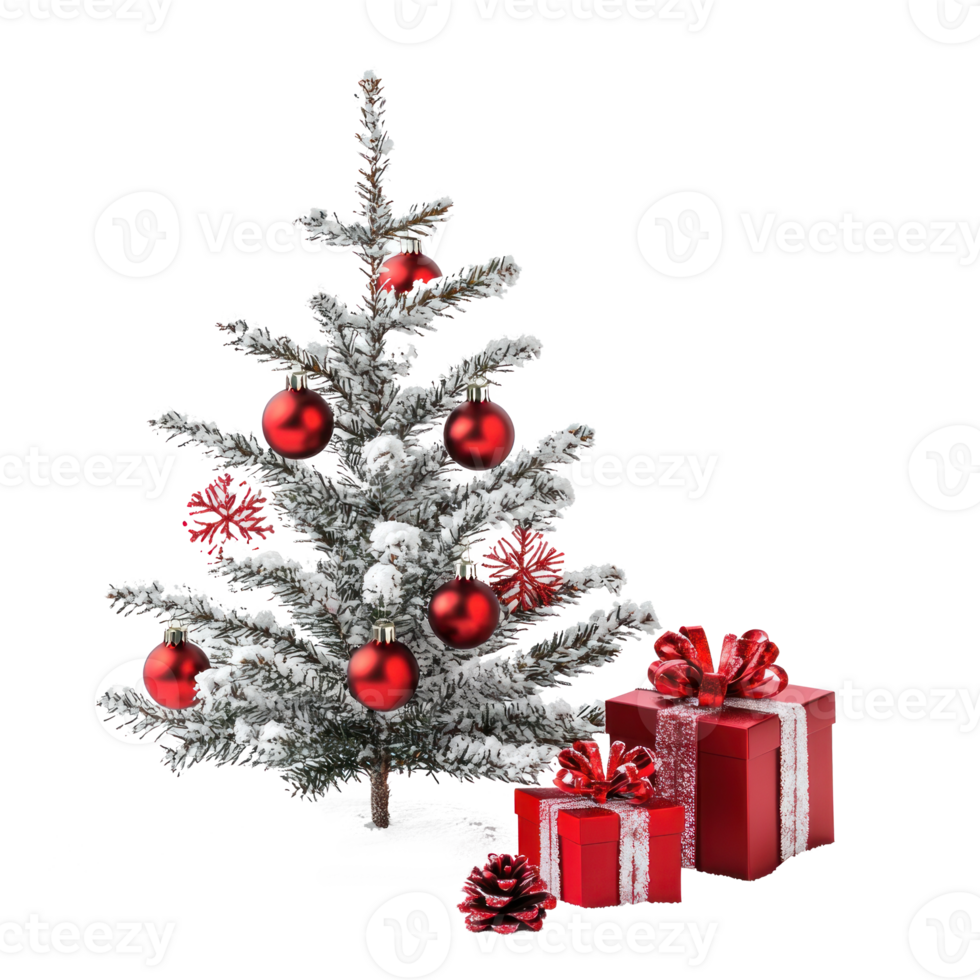Christmas Tree with Red decoration and gift front view isolate on transparent background png