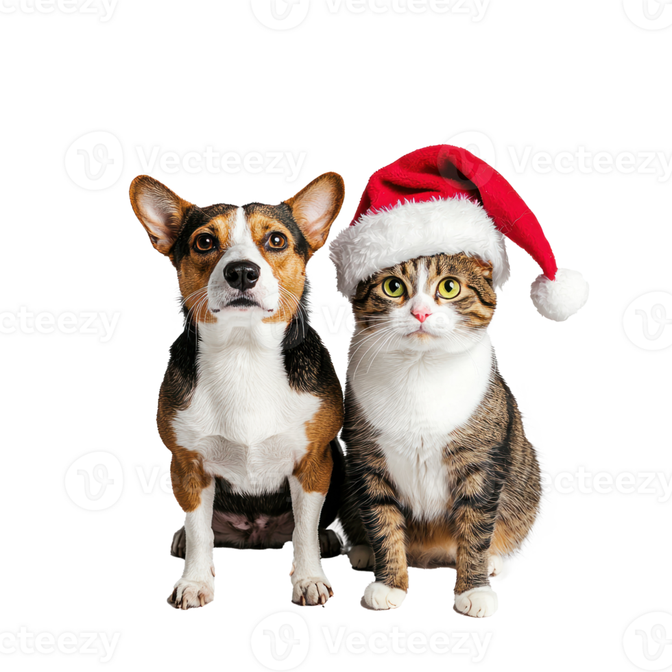 Funny dog and cat wearing a santa hat full length isolate on transparent background png