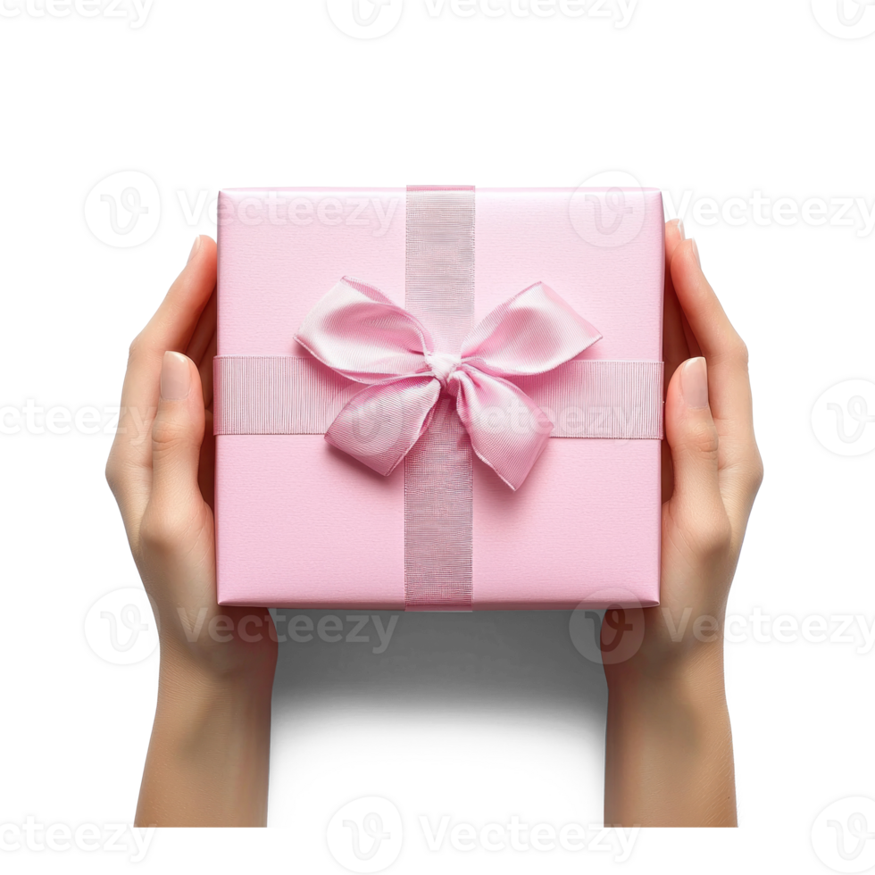 Hands hoding pink gift box top view isolate on transparent background png